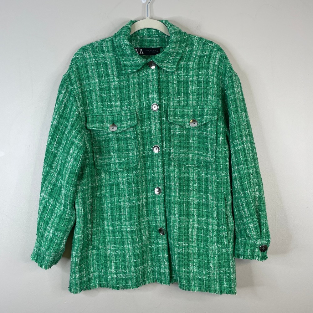 Zara Plaid Tweed Jacket Medium Fringe Raw Edge Kelly Green Casual Chic  Shacket